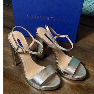 Stuart Weitzman Silver Ankle Strap Block Heel Women's Sandals New in Box